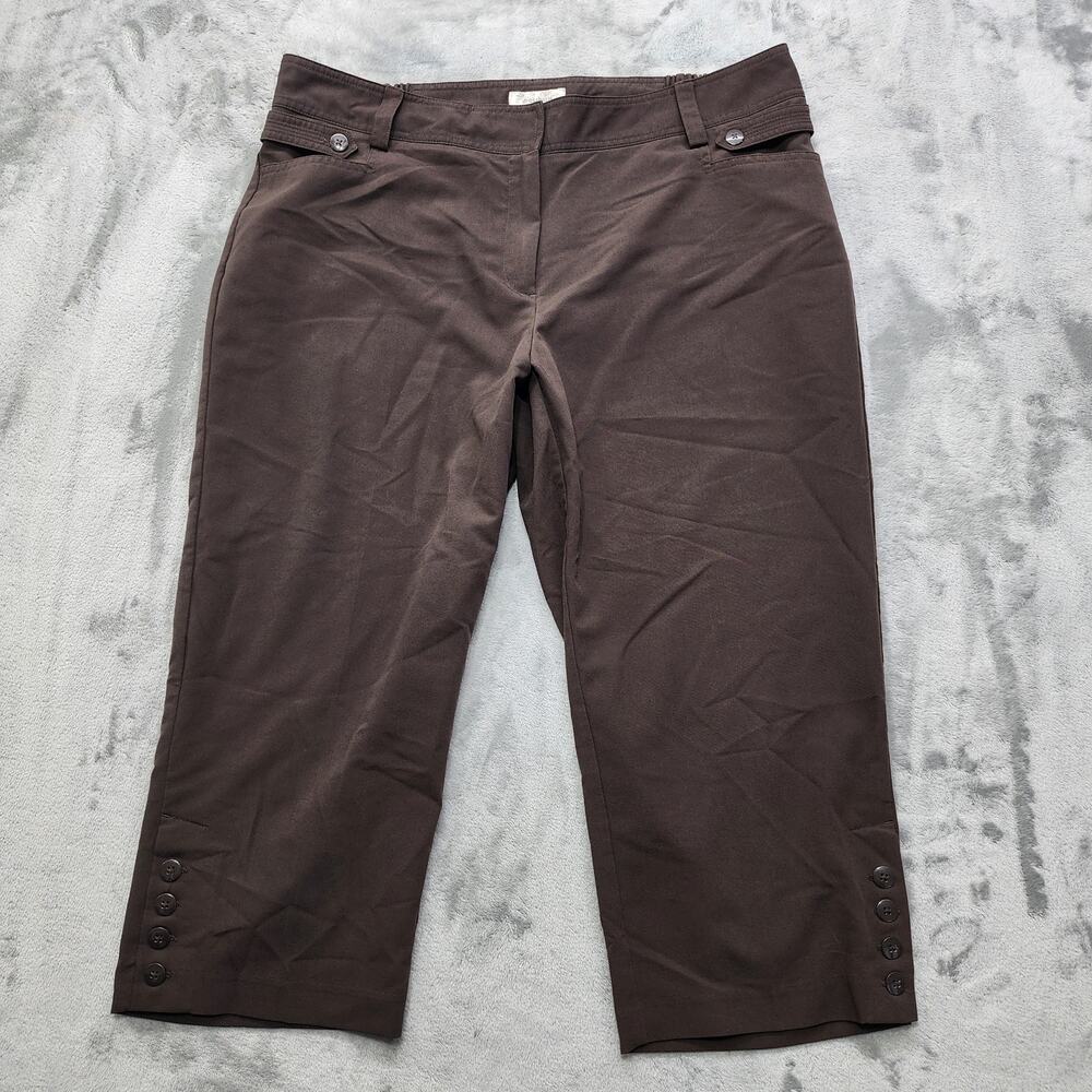 DressBarn Pants Womens 16 Brown High Rise Crop Capri Button Hem Stretch Office